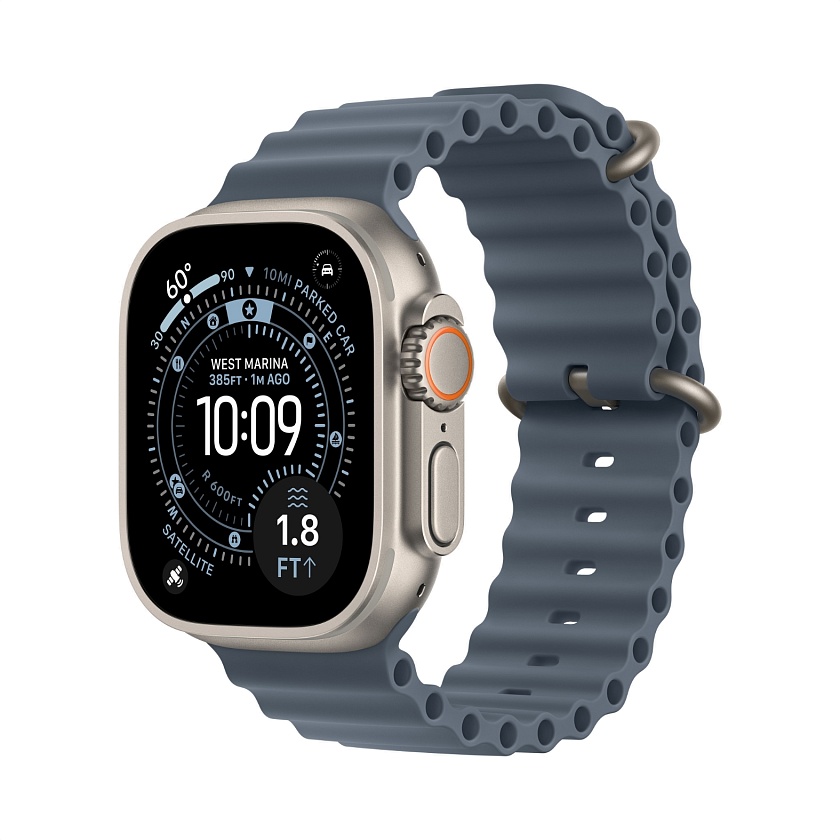 Apple Watch Ultra 3 Natural Titanium c ремешком Ocean синего цвета